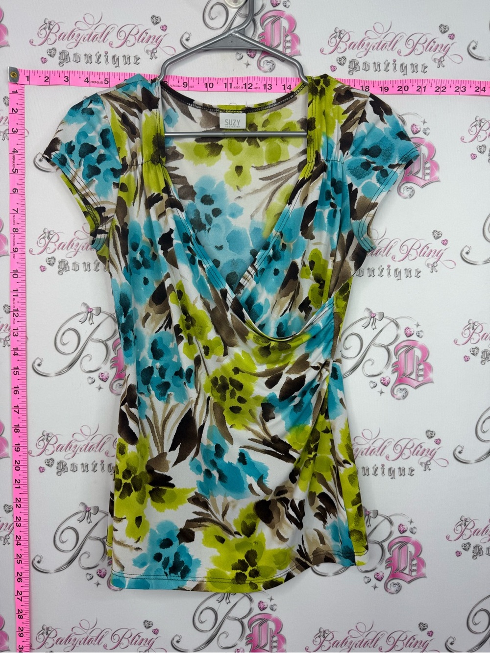 Suzy Shier top y2k Blue & Lime Floral Drape Neck Short Sleeve Top